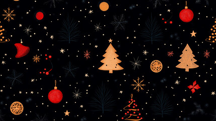 Wall Mural - Midnight Christmas Magic:  A dark, elegant seamless pattern featuring golden Christmas trees, red ornaments, and sparkling snowflakes. Perfect for festive backgrounds and winter designs. 