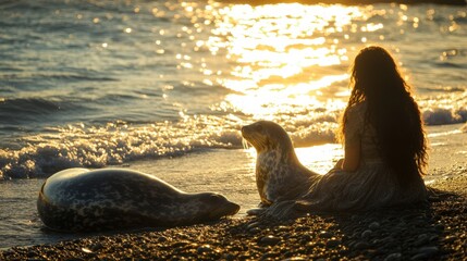 Wall Mural - Woman sits on beach with two seals at sunset