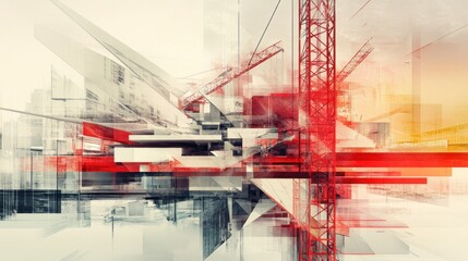 Wall Mural - Abstract construction scene with red cranes and geometric shapes.