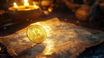 Canvas Print - Bitcoin Treasure Map Candles Gold Coin