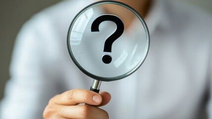 Aufkleber - A person holds a magnifying glass with a question mark inside, symbolizing inquiry, curiosity, and the search for answers.