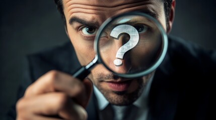 Poster - A man in a suit closely examines a question mark through a magnifying glass, conveying curiosity and inquiry in a dramatic setting.