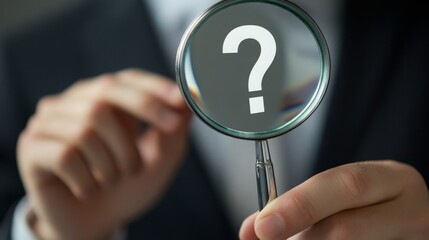 Poster - A person in a suit holds a magnifying glass with a question mark, symbolizing inquiry and investigation.