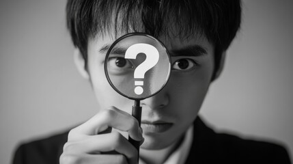 Poster - A young person holds a magnifying glass with a question mark, evoking curiosity and inquiry in a monochrome setting.