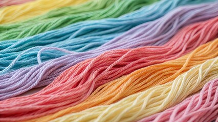 Poster - A row of colorful yarns are laid out on a table