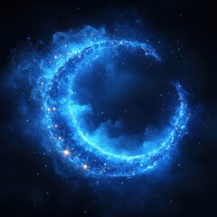 Wall Mural - A glowing blue crescent moon surrounded by cosmic clouds and stars.