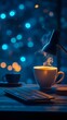 © Syukra - simple workspace featuring a slim keyboard, a desk lamp, and a steaming coffee cup, glowing softly against a cool blue bokeh background