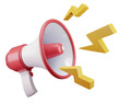 © Fordham - Red megaphone with lightings isolated. Close up breaking news metaphor, disclosure of information concept. 3d rendering.