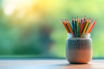 Poster - workspace with a tiny cactus plant in a ceramic pot and a set of colorful pencils in a jar, glowing softly against a muted green bokeh background