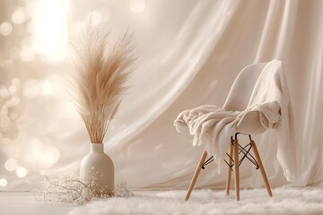 Poster - clean workspace with beige-toned accessories, a soft fabric chair, and a vase with pampas grass