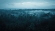 © BerkahStock - Misty dawn over a tropical rainforest, palm trees shrouded in fog.