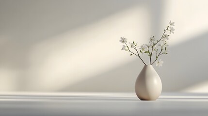 Poster - minimalist workspace with wooden desk accessories, a small ceramic vase with flowers, softly glowing against a muted white bokeh background