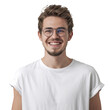 © Aytana - Horizontal shot of happy hipster male with toothy smile, wears casual white t shirt and glasses, being in good mood after unforgettable journey with girlfriend, isolated on white background.