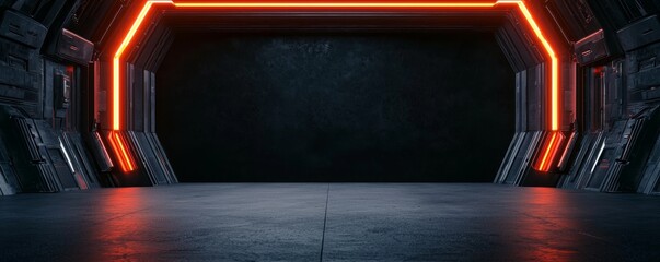 Sticker - A sleek, dark corridor illuminated by vibrant orange lights, showcasing a futuristic and minimalist design.