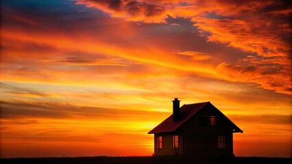 Wall Mural - house silhouette in the sunset with warm orange and pink sky, sunset, house, silhouette, dusk, eveni