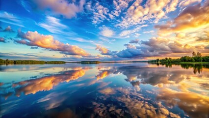 Wall Mural - Beautiful sky reflecting in serene lake water, sun, reflection, lake, water, nature, beauty, sky, peaceful, tranquil, serene