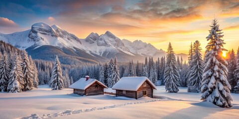 Wall Mural - Charming winter landscape with snow-covered trees, cozy cabin, and majestic mountains at sunset, winter, landscape, sunset, snow