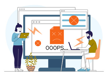 People repairing computer. Man and woman near huge computer with error. Programmers and IT specialists correct errors in program or application code. Linear vector illustration