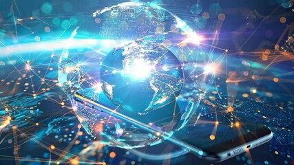Wall Mural - digital features smartphone on futuristic surface, with glowing globe above, symbolizing global conn