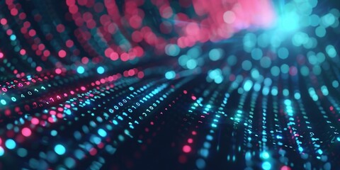 Blue and Red Digital binary code flowing across a technology background