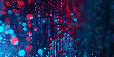 A sleek blue and red technology background overlaid with binary code.