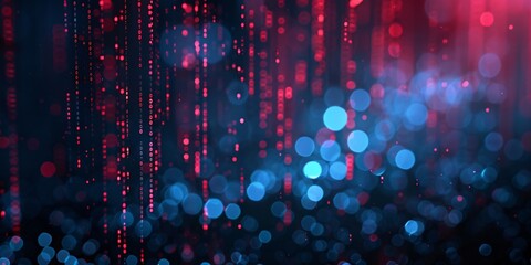 A sleek blue and red technology background overlaid with binary code.