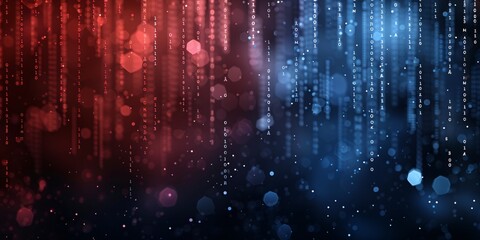 A sleek blue and red technology background overlaid with binary code.