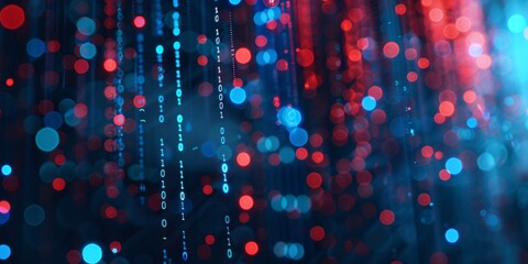 A sleek blue and red technology background overlaid with binary code.