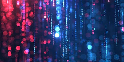 Binary code streams through a futuristic tech background..