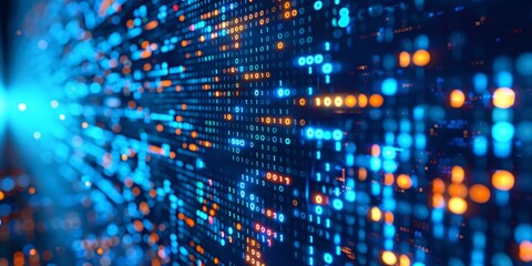 Binary code streams through a futuristic tech background..