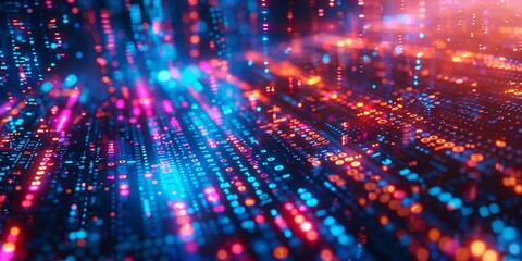 Binary code streams through a futuristic tech background..