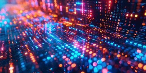 Binary code streams through a futuristic tech background..