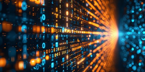 Binary code streams through a futuristic tech background..