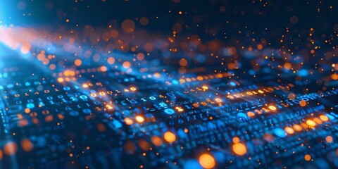 Binary code streams through a futuristic tech background..