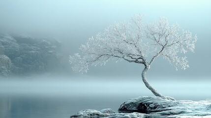 Serene Winter Scene Featuring a Leafless Tree and Its Intricate Branches