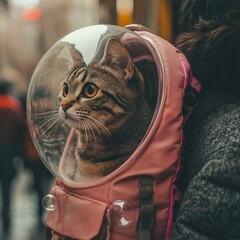 A cat in a transparent backpack enjoys an urban stroll with its owner.