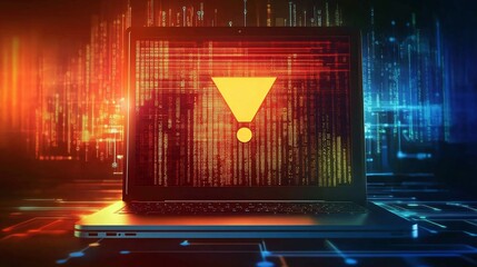 Laptop with red warning sign on screen in modern office, symbolizing technology alert, cyber danger, system virus, hacker attack, and digital information security.