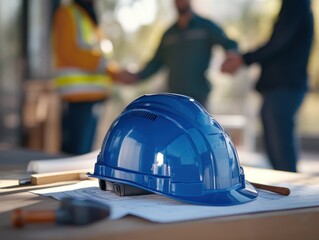 Aufkleber - A blue hard hat rests on plans, symbolizing construction and teamwork in a professional setting.