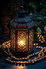 Aufkleber - A decorative lantern casting warm light, surrounded by beads and greenery.