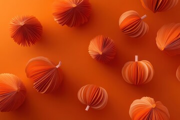 Poster - A collection of orange paper pumpkins on a vibrant orange background, perfect for autumn decor.