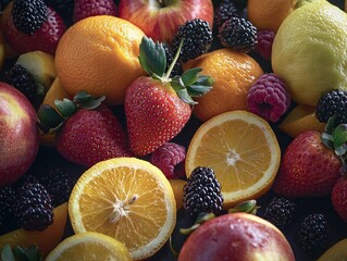 Sticker - A vibrant assortment of fresh fruits, including apples, lemons, strawberries, and blackberries.