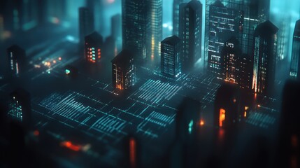 Aufkleber - A futuristic cityscape illuminated by neon lights, showcasing a digital grid pattern.