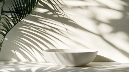 Poster - A minimalist bowl surrounded by soft shadows from a palm leaf, creating a serene atmosphere.