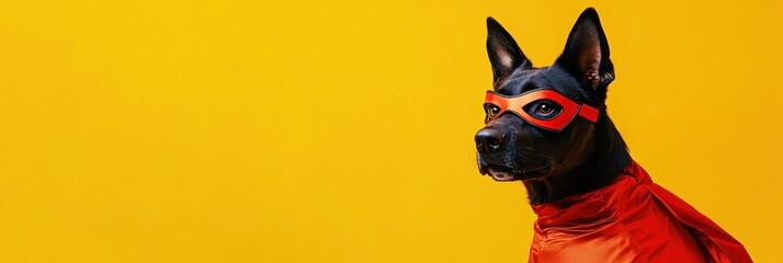 Leinwandbilder - A dog dressed as a superhero with a cape and mask against a bright yellow background.