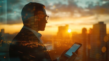 Aufkleber - Silhouette of a person holding a phone against a sunset cityscape.