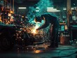 © Babycrab - A welder works on a car in a workshop, surrounded by sparks and a smoky atmosphere.