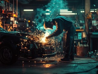 Aufkleber - A welder works on a car in a workshop, surrounded by sparks and a smoky atmosphere.