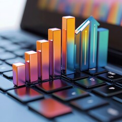 Fototapete - A colorful bar graph and line chart displayed on a laptop keyboard, symbolizing data analysis.
