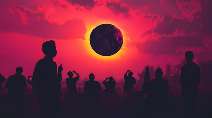 Wall Mural - Silhouettes of people watching a total solar eclipse - generative ai. Eclipser. Illustration