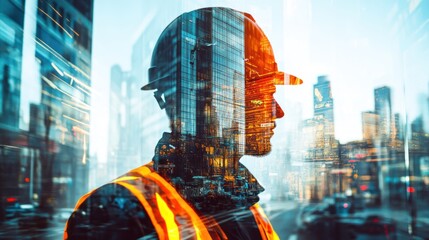 Poster - A silhouetted construction worker against a cityscape, symbolizing industry and urban development.